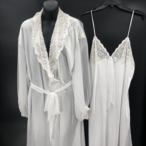 Etienne Womens White Lace Puff Sleeve Rob Set Negligee Pajama Large - Picture 1 of 16